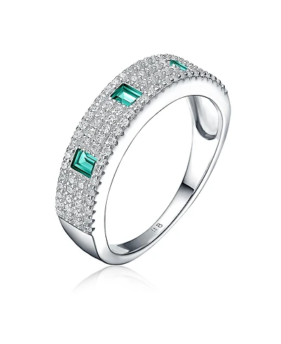 Sterling Silver Rhodium Plated Green Cubic Zirconia Band Ring