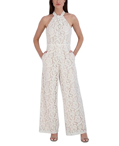 julia jordan Women's Lace Twist-Neck Wide-Leg Jumpsuit