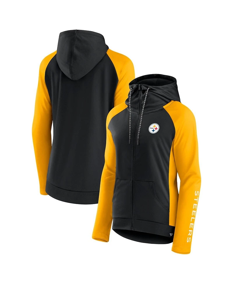 Women's Fanatics Black, Gold Pittsburgh Steelers End Around Raglan Full-Zip Hoodie