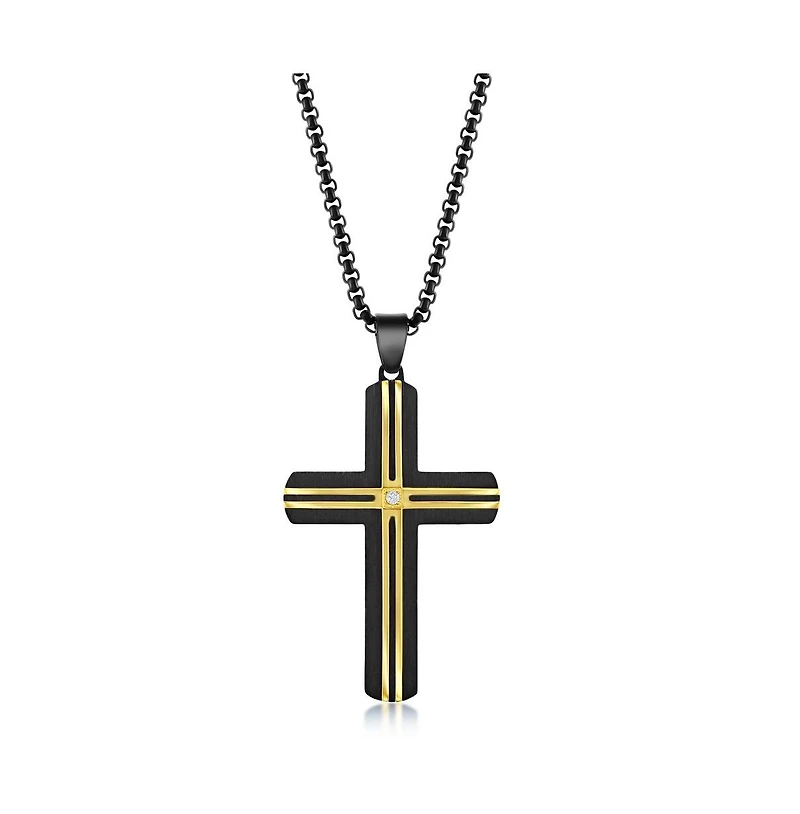 Mens Stainless Steel Black & Gold Lined Single Cz Cross Necklace