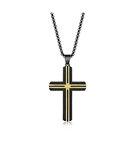 Mens Stainless Steel Black & Gold Lined Single Cz Cross Necklace