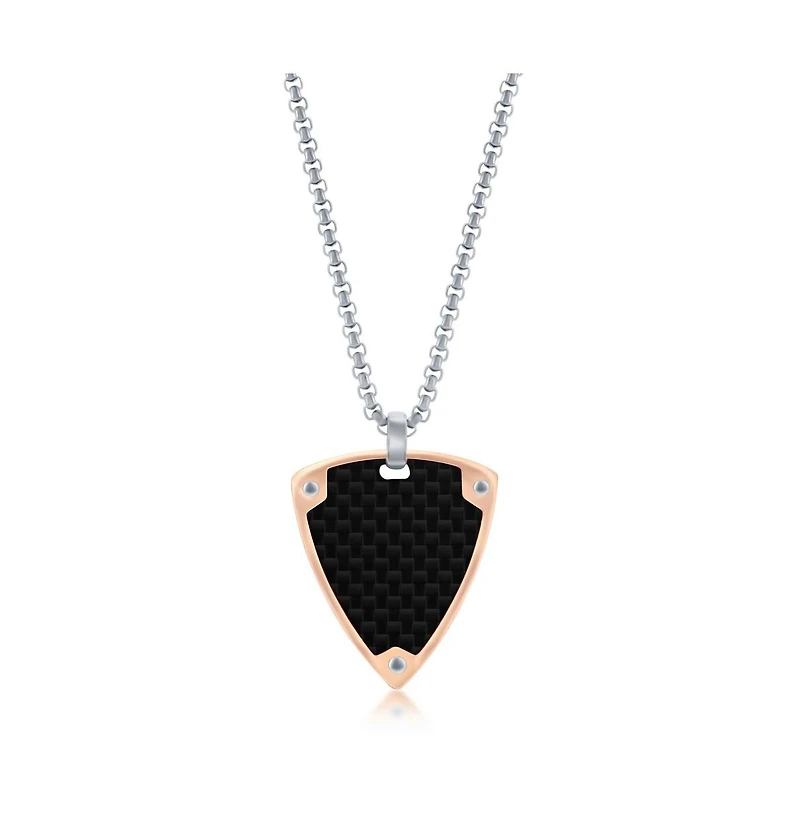 Mens Stainless Steel Black Carbon Fiber Rose Gold Border Triangle Necklace
