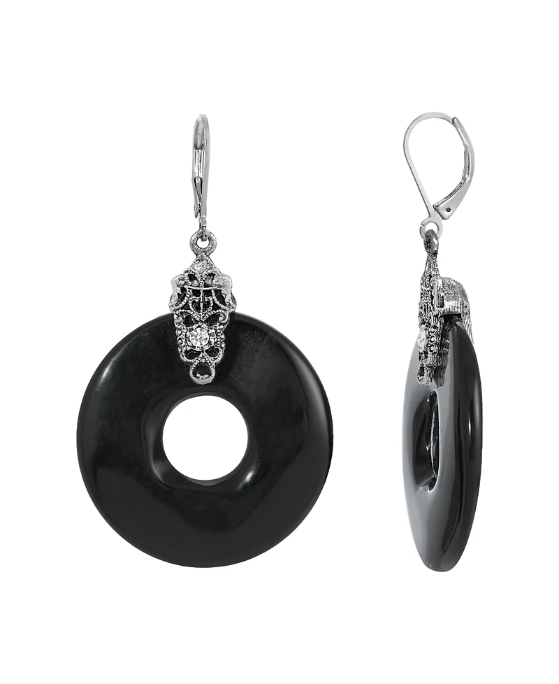 2028 Silver Tone Black Round Drop Earrings