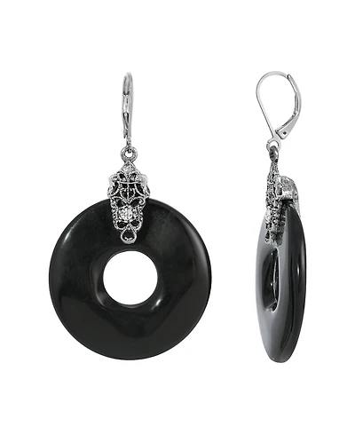 2028 Silver Tone Black Round Drop Earrings