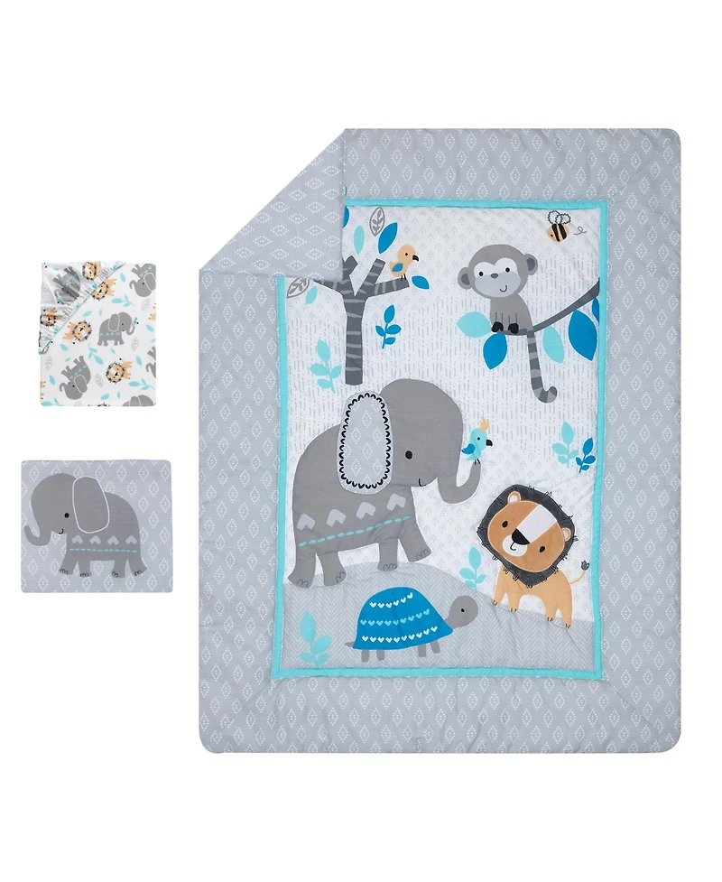 Bedtime Originals Baby Jungle Fun Gray/Blue/White Elephant, Lion and Monkey 3-Piece Nursery Crib Bedding Set