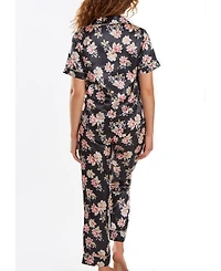 iCollection Women's Cyrus Floral Satin pajama Pant Set with Cuff Detail, 2 Piece