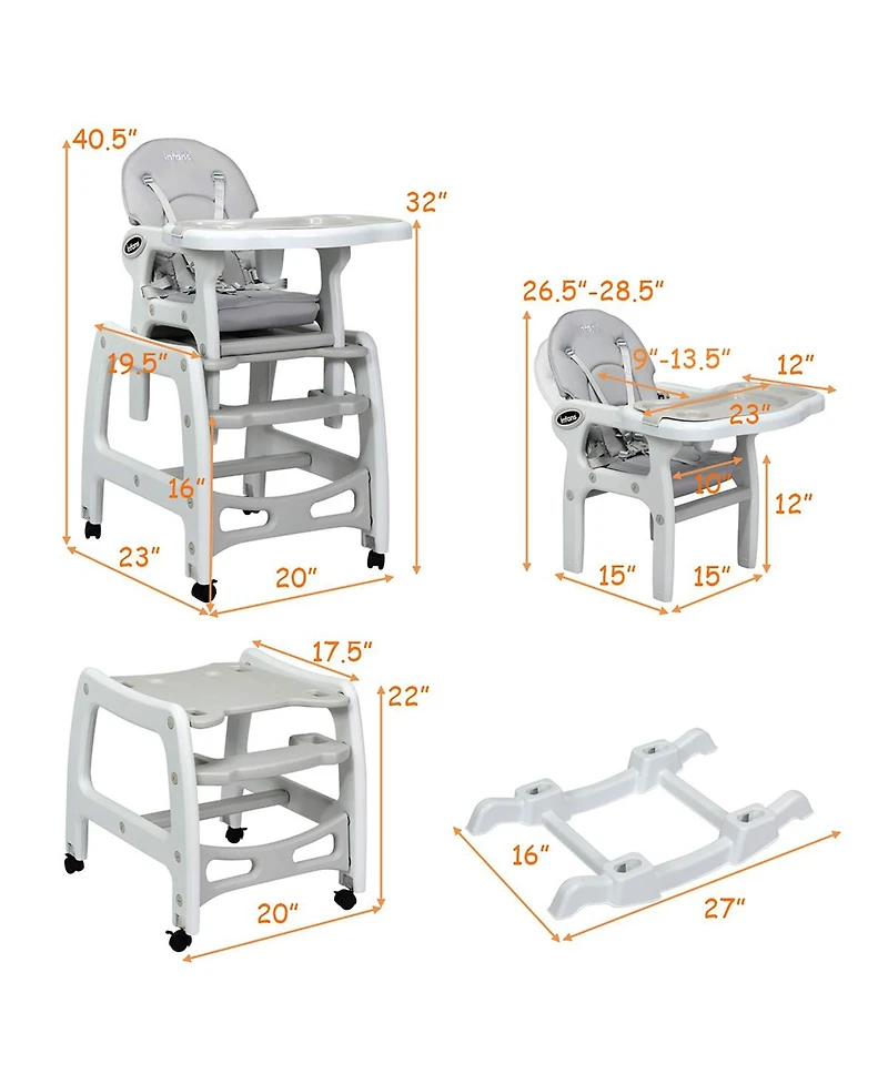 Costway Toddler 3 1 High Chair Adjustable Seat Back and Removable Trays