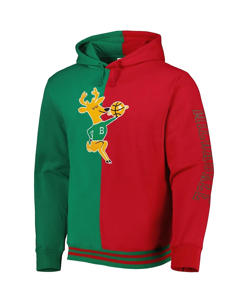 Men's Mitchell & Ness Green, Red Milwaukee Bucks Hardwood Classics Split Pullover Hoodie
