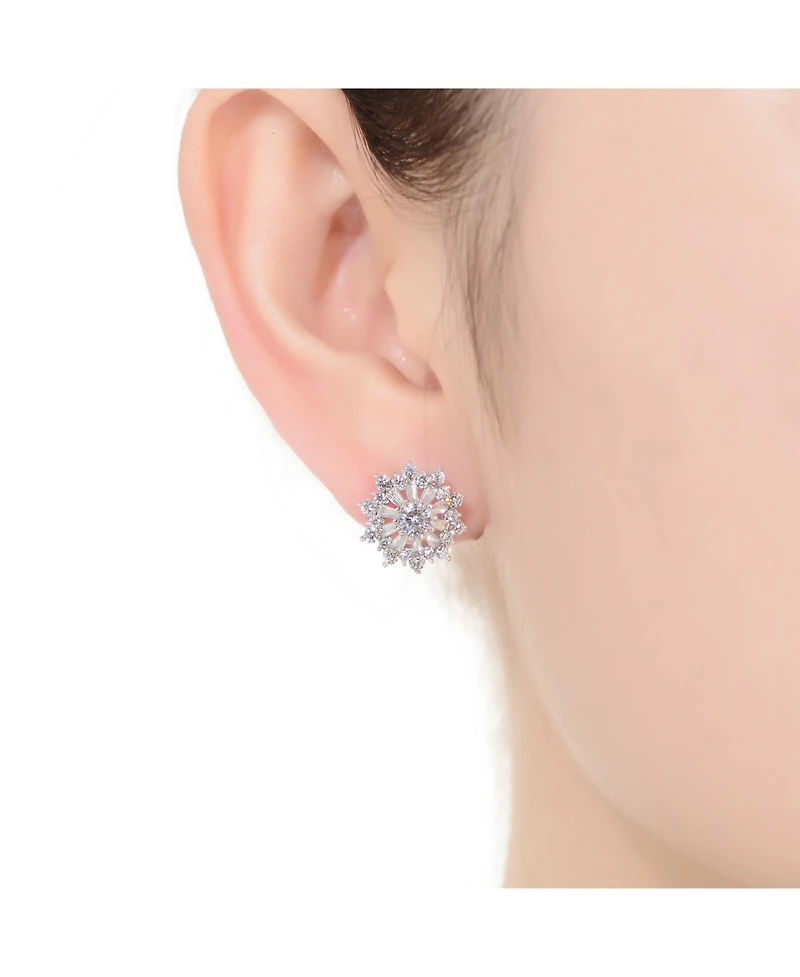 Gv Sterling Silver White Gold Plated Clear Round and Baguette Cubic Zirconia Wreath Stud Earrings
