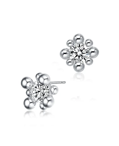Gv Sterling Silver White Gold Balls with Clear Round Cubic Zirconia Stud Earrings
