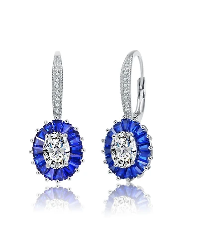 Gv Sterling Silver White Gold Plated and Blue Cubic Zirconia Leaverback Earrings