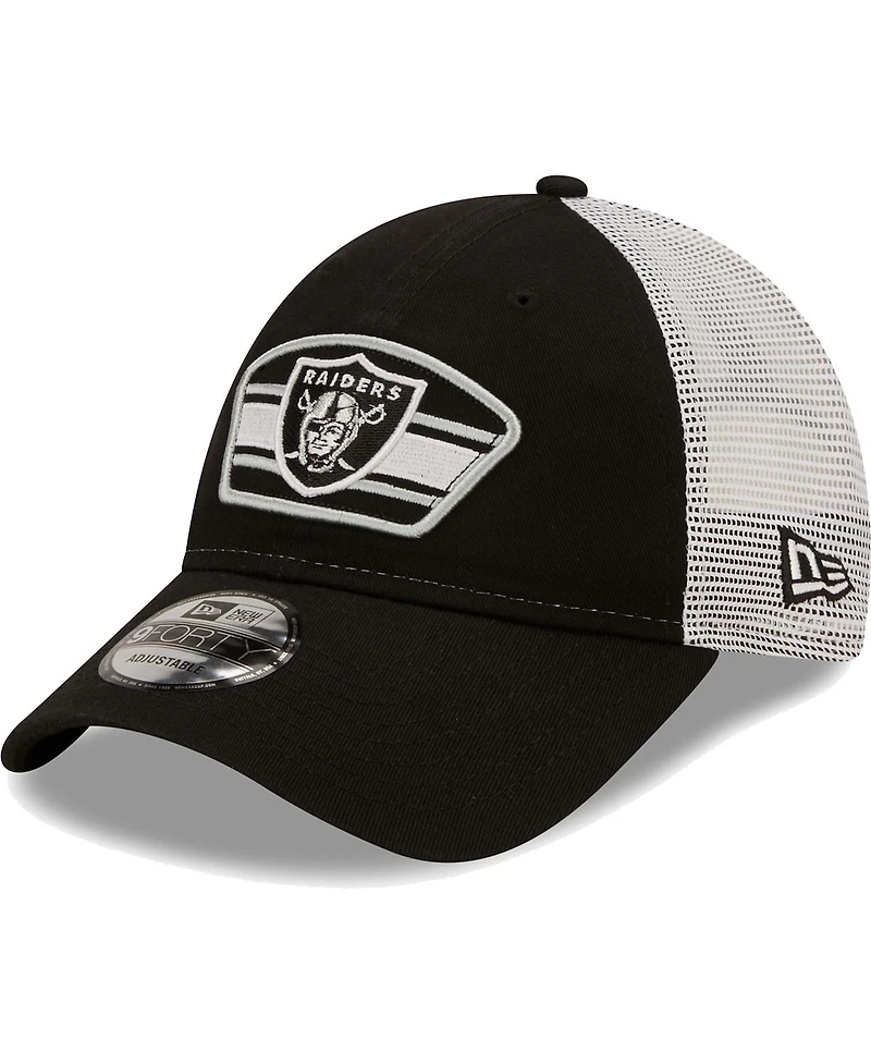 Men's New Era Black, White Las Vegas Raiders Logo Patch Trucker 9Forty Snapback Hat