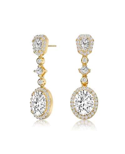 Gv Sterling Silver with Gold Plated Clear Oval with Princess and Round Cubic Zirconia Accent Long Drop Earrings