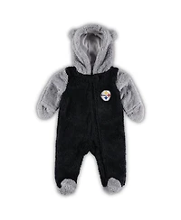 Newborn Infant Boys and Girls Black, Gray Pittsburgh Steelers Game Nap Teddy Fleece Bunting Full-Zip Sleeper