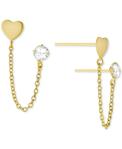 Giani Bernini Cubic Zirconia & Heart Double Piercing Chain Earrings in Gold-Plated Sterling Silver, Created for Macy's