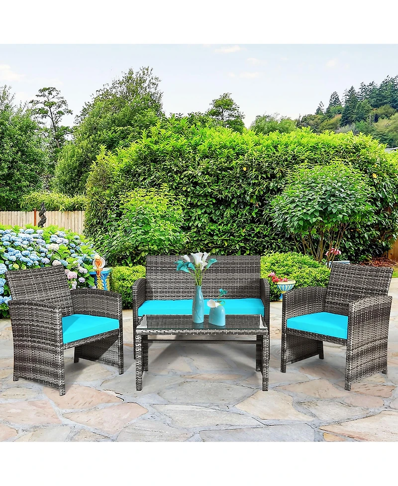 4PCS Patio Rattan Furniture Set Conversation Glass Table Top Cushioned