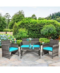 4PCS Patio Rattan Furniture Set Conversation Glass Table Top Cushioned