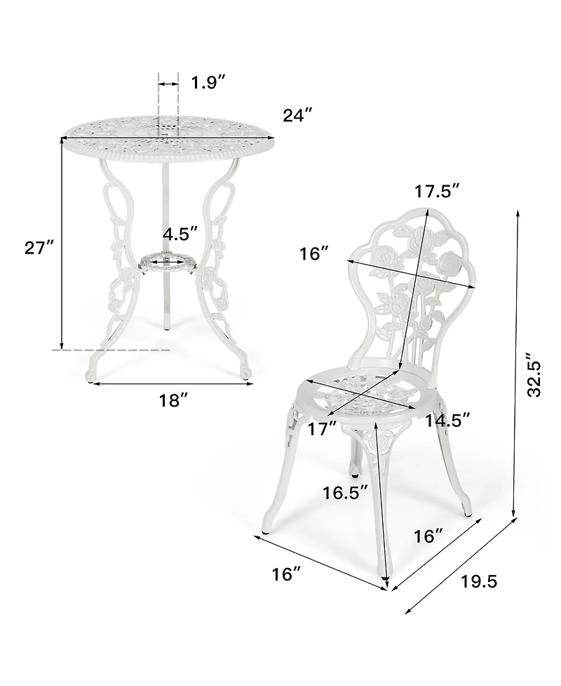 3PCS Cast Aluminum Patio Bistro Furniture Set Rose Design Outdoor