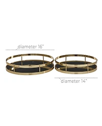 CosmoLiving by Cosmopolitan Metal Tray with Black Glass, Set of 2, 14", 16" W