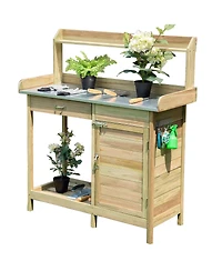 Costway Outdoor Potting Bench Garden Wooden Work Station Metal Tabletop Cabinet Drawer