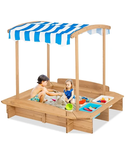 Kids Large Wooden Sandbox w/ 2 Bench Seats Outdoor Play Spot for Children