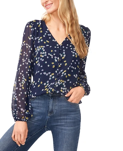 CeCe Women's Floral-Print V-Neck Button-Front Blouse