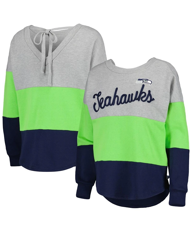 Women's Touch Heathered Gray, College Navy Seattle Seahawks Outfield Deep V-Back Pullover Sweatshirt