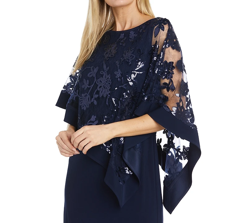 R & M Richards Women's Sequined Floral-Lace Poncho Dress
