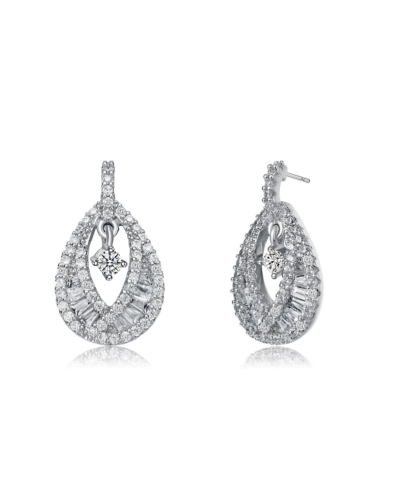 Sterling Silver 14K Gold Plated, 18K Rose Plated and White Red Baguette Clear Round Cubic Zirconia Pear Drop Earrings