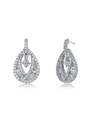 Sterling Silver 14K Gold Plated, 18K Rose Plated and White Red Baguette Clear Round Cubic Zirconia Pear Drop Earrings