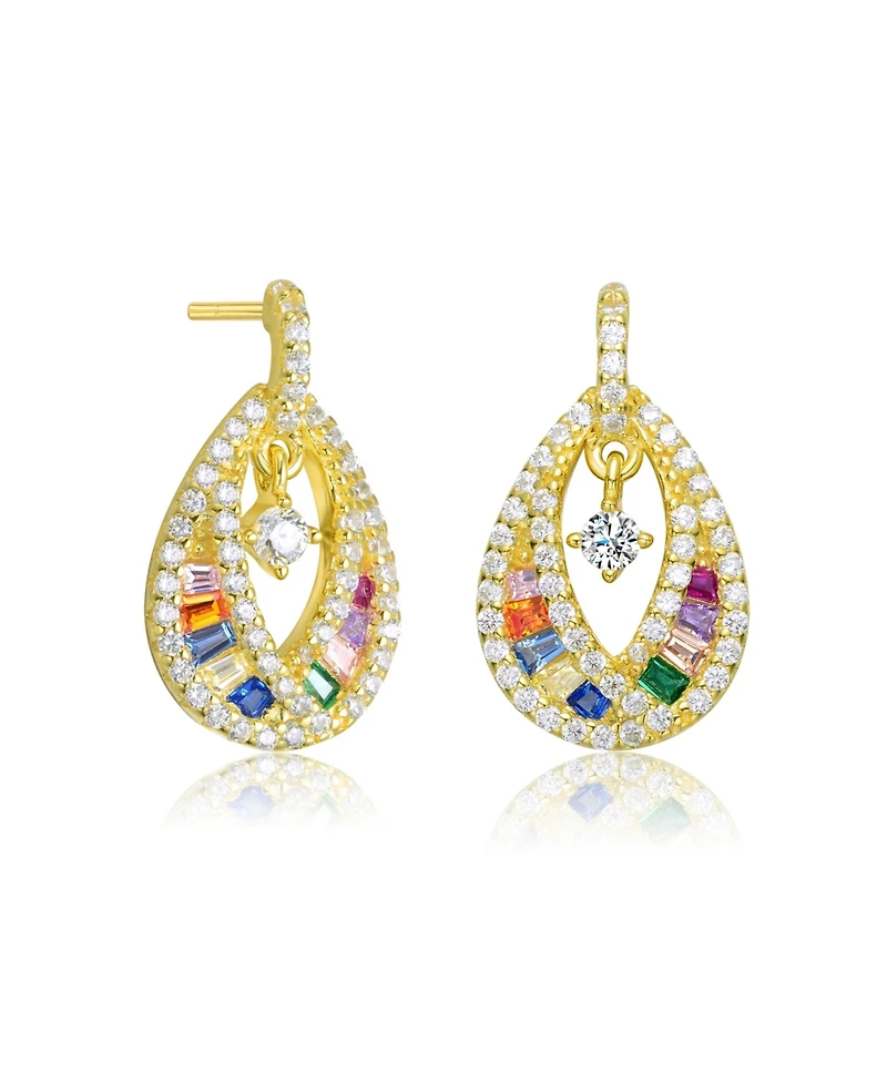 Sterling Silver 14K Gold Plated, 18K Rose Plated and White Red Baguette Clear Round Cubic Zirconia Pear Drop Earrings