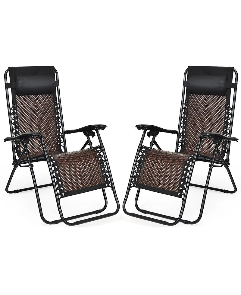 2PCS Patio Rattan Zero Gravity Lounge Chair Folding Recliner Headrest