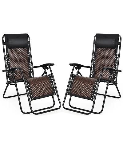 2PCS Patio Rattan Zero Gravity Lounge Chair Folding Recliner Headrest