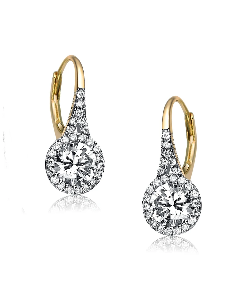Sterling Silver Clear Round Cubic Zirconia Partially Paved and Haloed Solitaire Drop Earrings