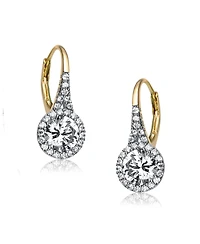Sterling Silver Clear Round Cubic Zirconia Partially Paved and Haloed Solitaire Drop Earrings