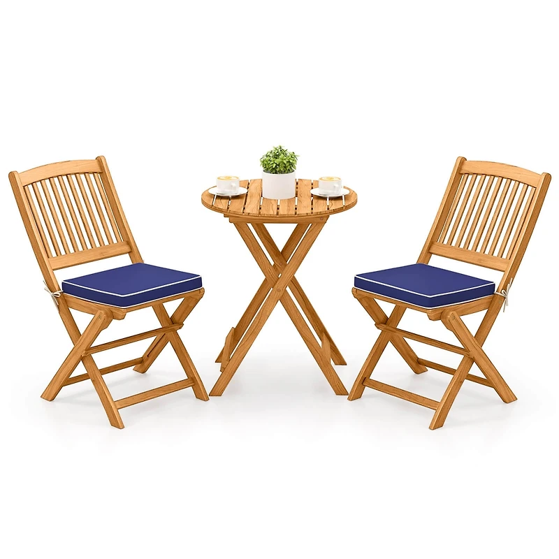Costway 3PCS Patio Folding Wooden Bistro Set Cushioned Chair Conversation