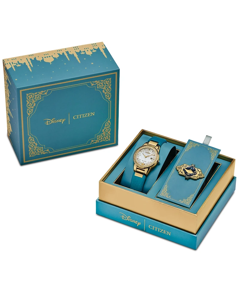 Citizen Eco-Drive Women's Disney Aladdin's 30th Anniversary Teal Leather Strap Watch 30mm Gift Set