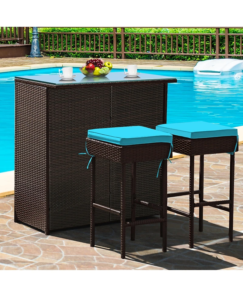 Costway 3PCS Patio Rattan Wicker Bar Table Stools Dining Set Cushioned Chairs