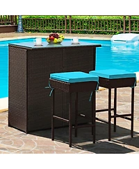 Costway 3PCS Patio Rattan Wicker Bar Table Stools Dining Set Cushioned Chairs