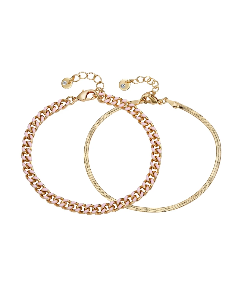 Unwritten 14K Gold Flash-Plated Light Enamel Curb Chain and Herringbone Chain Bracelet Set