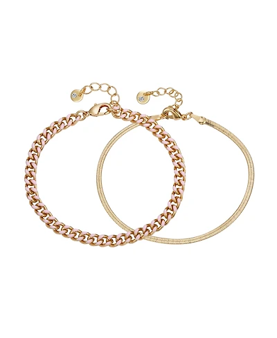 Unwritten 14K Gold Flash-Plated Light Enamel Curb Chain and Herringbone Chain Bracelet Set