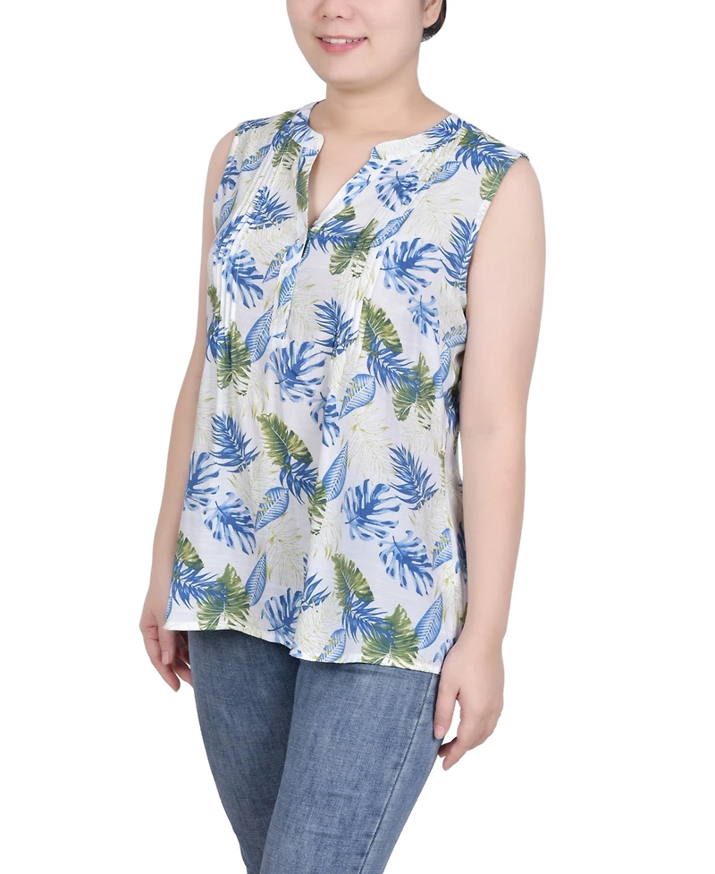 Ny Collection Petite Sleeveless Printed Pintucked Blouse