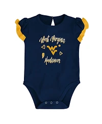 Girls Newborn and Infant Navy, Gold West Virginia Mountaineers Too Much Love Two-Piece Bodysuit Set