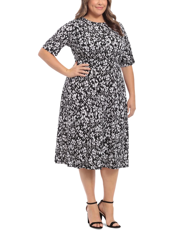 London Times Plus Floral-Print Short-Sleeve Midi Dress