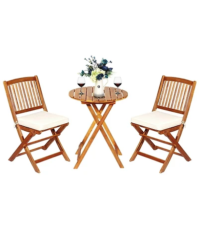 3PCS Patio Folding Wooden Bistro Set Cushioned Chair Conversation Garden