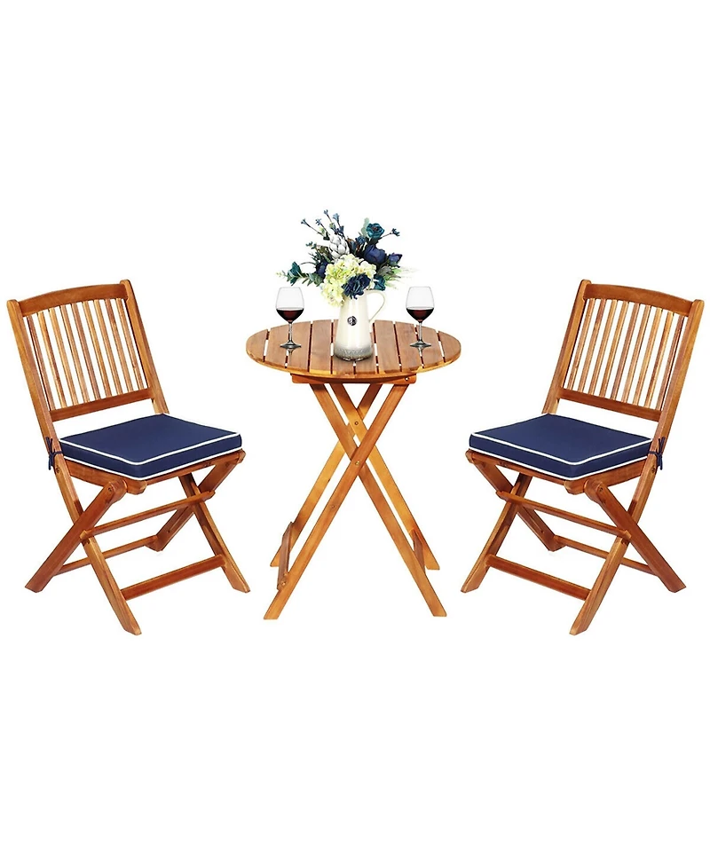 3PCS Patio Folding Wooden Bistro Set Cushioned Chair Conversation Garden