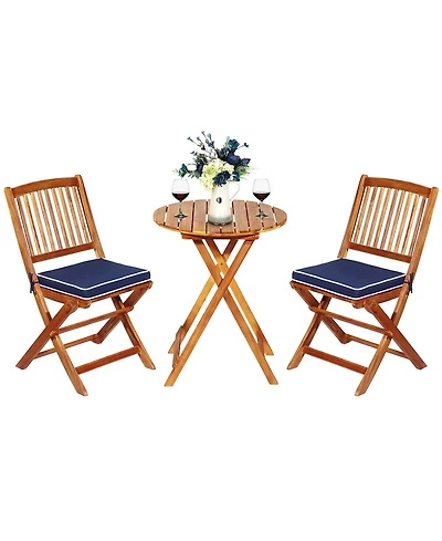 3PCS Patio Folding Wooden Bistro Set Cushioned Chair Conversation Garden