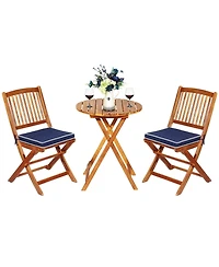 3PCS Patio Folding Wooden Bistro Set Cushioned Chair Conversation Garden
