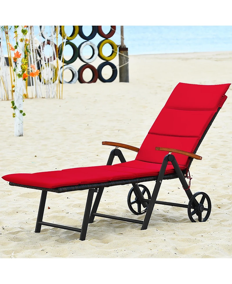 Costway Folding Patio Rattan Lounge Chair Cushioned Aluminum w/ Wheel