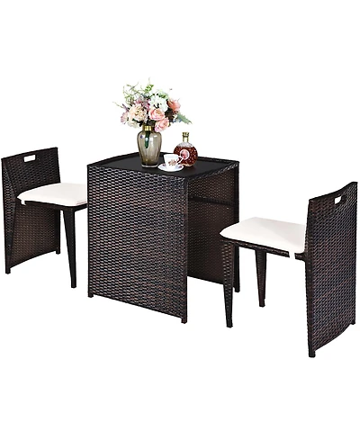 3PCS Outdoor Patio Rattan Furniture Set Space Saving Garden Deck W/Cushion No Assembly